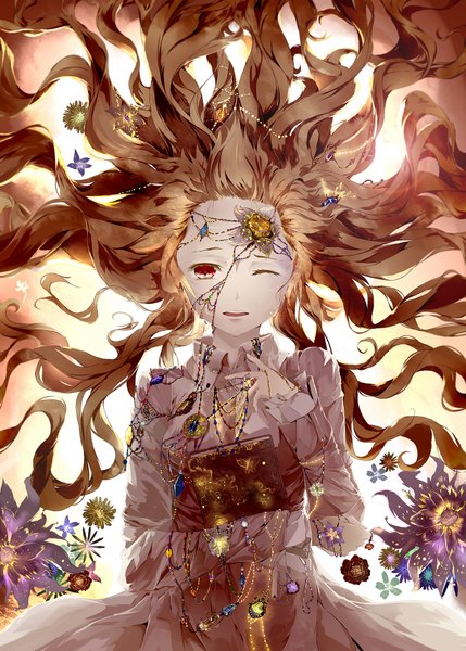 Anime picture 1336x1870 with original lilikou single long hair tall image looking at viewer blonde hair holding cleavage lying from above orange hair on back glowing open collar glow girl flower (flowers) book (books) jewelry