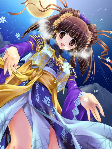 Anime picture 1344x1792 with sangokushi taisen xiao qiao (sangokushi taisen) kazuki hiyori (artist) single tall image short hair black hair brown eyes cold girl dress ribbon (ribbons) moon
