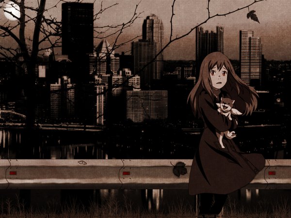 Anime picture 1600x1200 with higashi no eden production i.g morimi saki long hair open mouth brown hair standing holding wind night orange eyes city cityscape bare tree river scared girl wings jacket leaf (leaves)