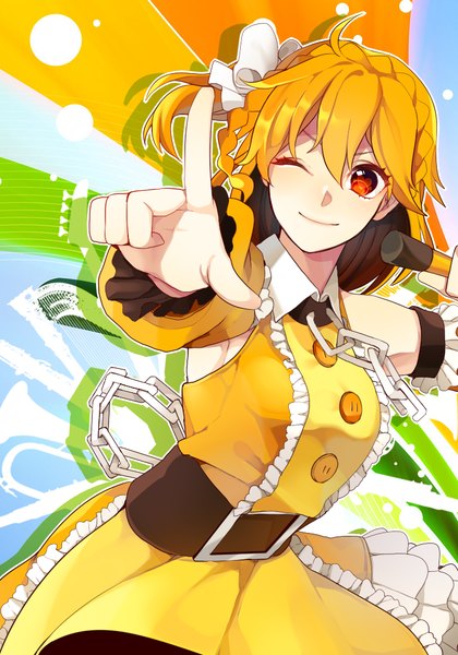 Anime picture 744x1062 with kagerou project shaft (studio) kisaragi momo kakon single tall image short hair smile red eyes ahoge one eye closed wink orange hair one side up outstretched arm symbol-shaped pupils pointing girl detached sleeves chain