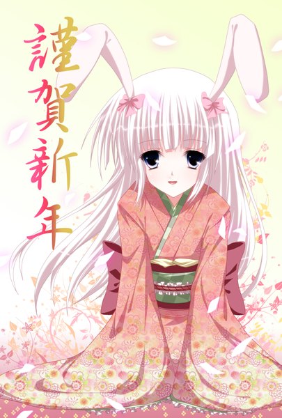 Anime picture 1181x1748 with yuzuno ha (artist) single long hair tall image blue eyes white hair japanese clothes bunny ears new year nengajou girl bow petals kimono