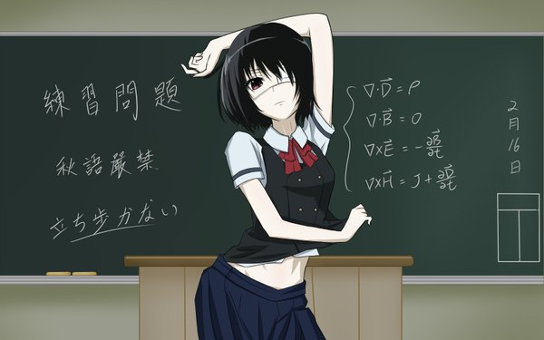 Anime picture 1600x1000 with another p.a. works misaki mei ewestein single short hair black hair red eyes wide image arms up midriff girl skirt uniform school uniform shirt eyepatch