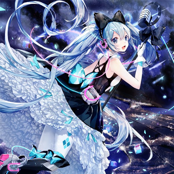 Anime picture 1000x1000 with vocaloid magical mirai (vocaloid) hatsune miku magical mirai miku magical mirai miku (2016) mamenomoto single fringe open mouth blue eyes hair between eyes twintails holding payot blue hair bent knee (knees) very long hair :d sleeveless floating hair