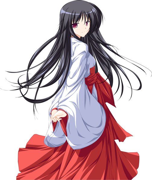 Anime picture 2007x2382 with miko-san fighter ryouko-chan hinomoto ryouko single long hair tall image highres black hair smile red eyes white background looking back miko girl