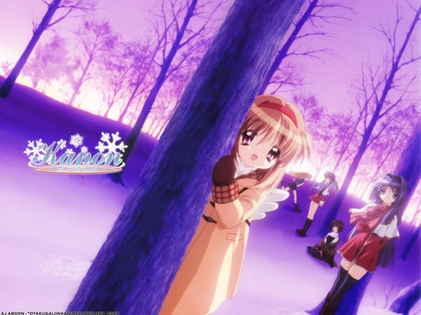 Anime picture 1024x768 with kanon key (studio) tsukimiya ayu minase nayuki sawatari makoto kawasumi mai misaka shiori wallpaper winter snow girl plant (plants) wings tree (trees) hairband snowflake (snowflakes) mittens