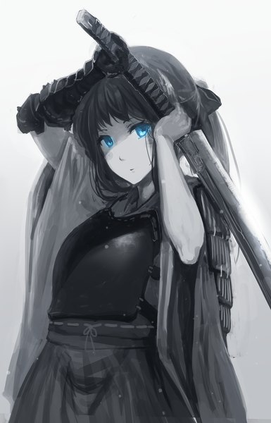 Anime picture 1271x1977 with original oota youjo single long hair tall image looking at viewer blue eyes black hair holding upper body traditional clothes wide sleeves arms up monochrome shaded face girl gloves ribbon (ribbons) weapon hair ribbon