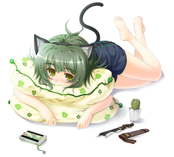 Anime picture 1282x1157 with cu-no nonono futaba hisenkaede single looking at viewer blush short hair simple background white background green eyes animal ears ahoge lying barefoot green hair cat ears cat tail legs girl weapon