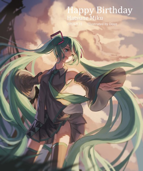 Anime picture 2944x3508 with vocaloid hatsune miku toushi (1213704694) single tall image fringe highres open mouth smile hair between eyes bare shoulders signed looking away cloud (clouds) very long hair pleated skirt aqua eyes wind blurry aqua hair