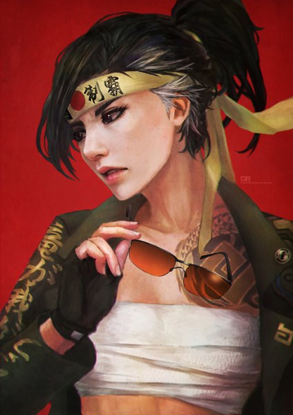 Anime picture 2480x3508 with overwatch blizzard entertainment hanzo (overwatch) monori rogue single long hair tall image highres black hair signed looking away upper body ponytail realistic open jacket tattoo turning head hieroglyph red background genderswap