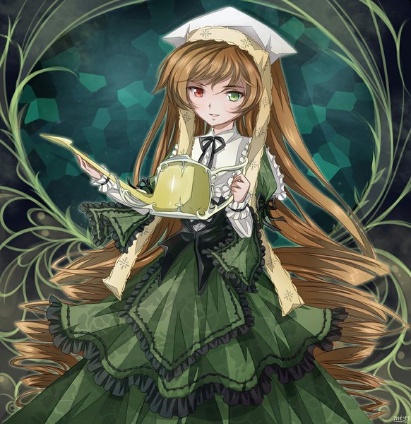 Anime picture 1000x1030 with rozen maiden suiseiseki mtyy single long hair tall image looking at viewer brown hair very long hair heterochromia drill hair girl dress watering can