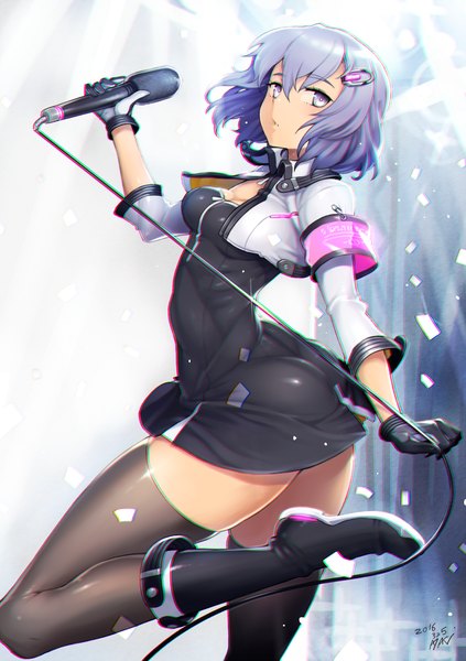 Anime picture 1410x2000 with original ayaki (artist) single tall image looking at viewer short hair blue eyes blue hair girl thighhighs dress gloves black thighhighs black gloves boots short dress microphone wire (wires)