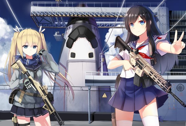 Anime picture 3000x2040 with original hagi (ame hagi) long hair looking at viewer highres blue eyes black hair blonde hair twintails multiple girls girl uniform weapon 2 girls serafuku gun assault rifle