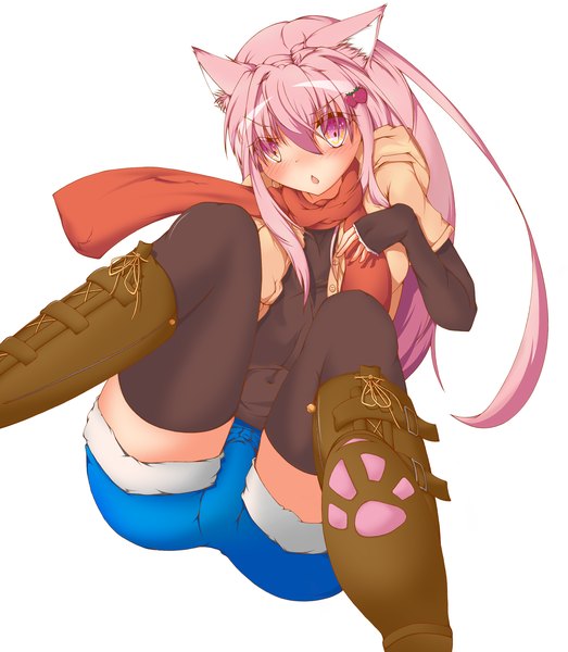 Anime picture 2616x3000 with original neguse2525 single long hair tall image blush highres simple background white background animal ears pink hair pink eyes cat ears cat girl cat tail girl thighhighs black thighhighs shorts boots
