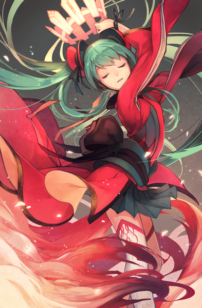 Anime picture 1200x1833 with vocaloid hatsune miku iwato1712 single long hair tall image twintails holding eyes closed long sleeves traditional clothes japanese clothes wind aqua hair zettai ryouiki wind lift dancing girl thighhighs skirt