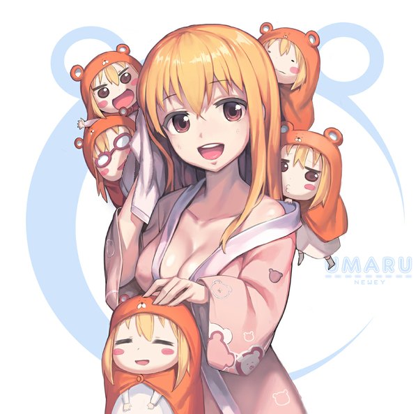 Anime picture 1000x989 with himouto! umaru-chan doga kobo doma umaru komaru newey long hair looking at viewer blush fringe breasts open mouth light erotic blonde hair simple background white background bare shoulders brown eyes :d no bra teeth