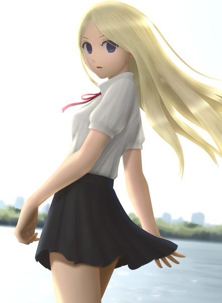 Anime picture 955x1300 with arakawa under the bridge shaft (studio) nino siraha single long hair tall image looking at viewer blue eyes blonde hair girl skirt shirt sea