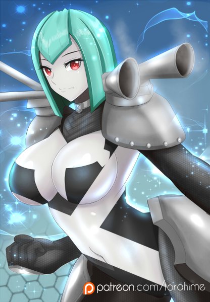 Anime picture 3444x4960 with torahime (roland00) single tall image looking at viewer fringe highres short hair breasts light erotic red eyes large breasts absurdres aqua hair girl bodysuit