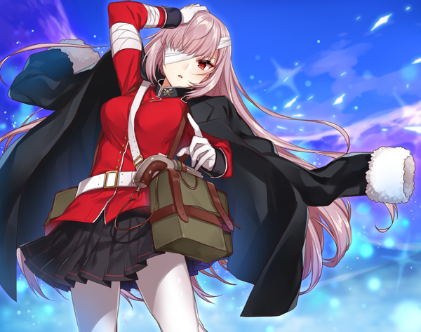 Anime picture 800x631 with fate (series) fate/grand order florence nightingale (fate) shirako miso single long hair looking at viewer blush fringe open mouth red eyes standing pink hair pleated skirt one eye closed hand on head clothes on shoulders pointing bandage over one eye girl