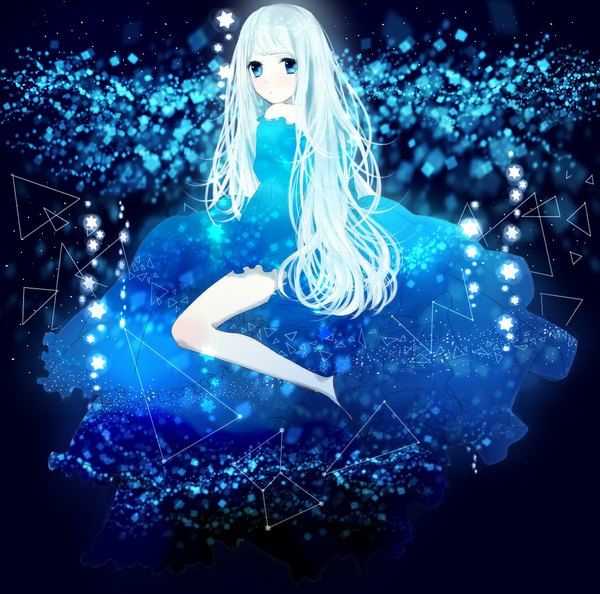 Anime picture 1060x1050 with original natsumi foooo single long hair looking at viewer blue eyes sitting bare shoulders white hair high heels pale skin girl dress star (stars)