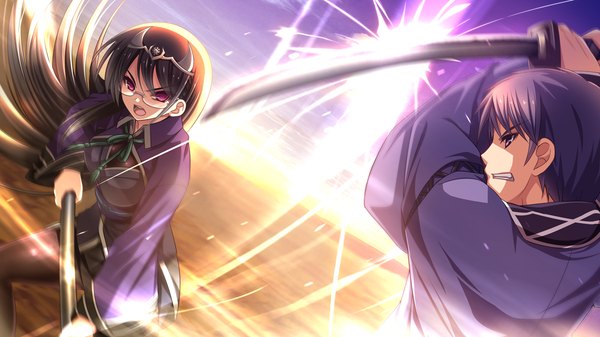 Anime picture 1280x720 with sengoku hime 4 long hair short hair open mouth black hair wide image purple eyes game cg traditional clothes battle girl boy weapon sword glasses katana