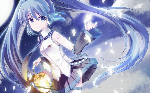 Anime picture 1280x800 with vocaloid hatsune miku bison cangshu single long hair wide image twintails sky aqua eyes aqua hair glowing girl detached sleeves necktie insect butterfly lamp