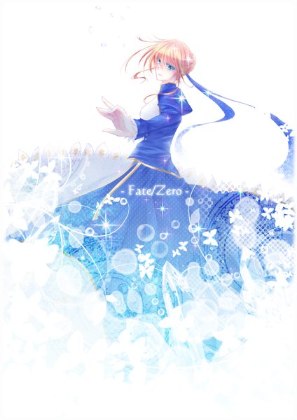 Anime picture 1283x1815 with fate (series) fate/stay night fate/zero studio deen type-moon artoria pendragon (all) saber mokoppe single tall image short hair blonde hair simple background white background aqua eyes wind inscription girl dress ribbon (ribbons)