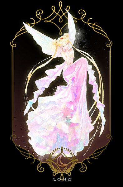 Anime picture 670x1018 with bishoujo senshi sailor moon toei animation tsukino usagi neo queen serenity single tall image blonde hair simple background sitting twintails bare shoulders bent knee (knees) eyes closed very long hair hair bun (hair buns) sleeveless black background dark background crossed arms leg lift (legs lift)