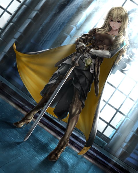 Anime picture 2000x2500 with original shisshou senkoku single long hair tall image looking at viewer fringe highres breasts blue eyes blonde hair smile hair between eyes standing holding full body indoors head tilt lips shadow