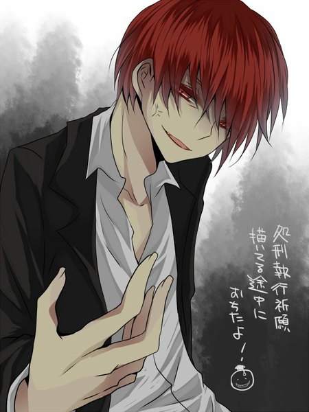 Anime picture 600x800 with ansatsu kyoushitsu akabane karma kasamerin single tall image looking at viewer fringe short hair open mouth simple background red eyes red hair text partially open clothes boy shirt white shirt