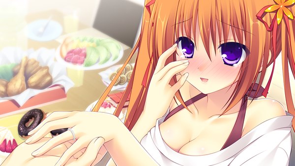 Anime picture 1024x576 with lovely quest long hair blush wide image purple eyes twintails game cg orange hair girl ribbon (ribbons) hair ribbon