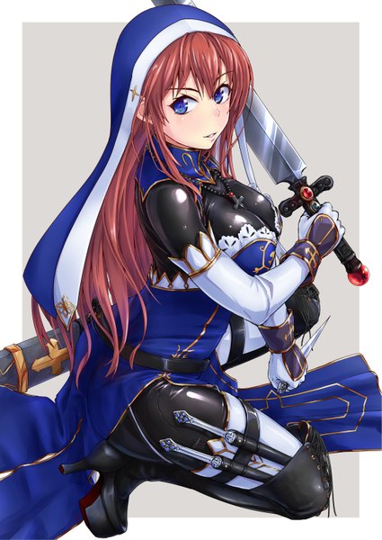 Anime picture 1075x1518 with original modern combat sister (tori@gununu) tori@gununu single long hair tall image blue eyes light erotic red hair girl dress gloves weapon sword elbow gloves boots white gloves thigh boots