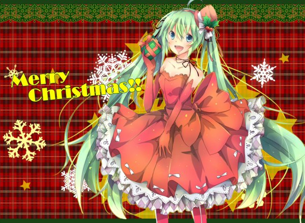 Anime picture 1700x1246 with vocaloid hatsune miku mirin (aniyokopo) single looking at viewer blush open mouth blue eyes smile twintails bare shoulders very long hair aqua hair christmas merry christmas girl dress gloves bow hat