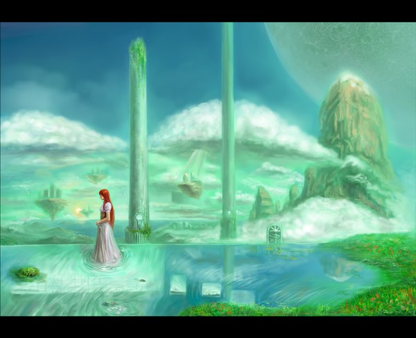 Anime picture 1600x1300 with original occult soda single long hair sky cloud (clouds) red hair profile landscape fantasy rock girl dress plant (plants) water corset pillar column