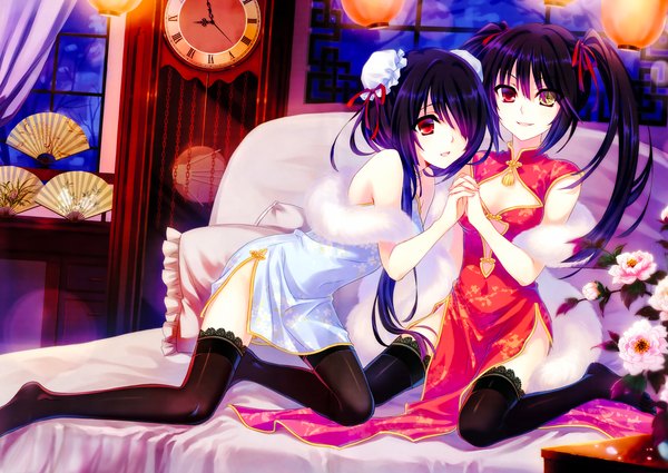 Anime picture 7008x4971 with date a live tokisaki kurumi gururu long hair fringe highres black hair red eyes twintails multiple girls absurdres traditional clothes scan hair over one eye heterochromia holding hands chinese clothes girl thighhighs flower (flowers)