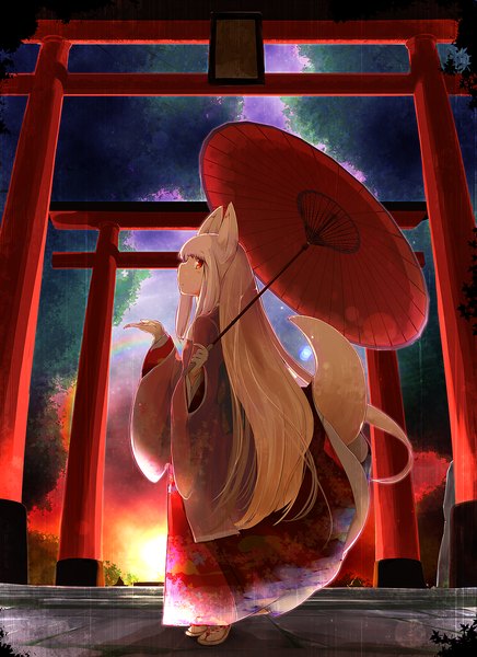 Anime picture 1000x1375 with original maszom single long hair tall image looking at viewer fringe blonde hair red eyes standing holding animal ears tail long sleeves traditional clothes japanese clothes animal tail profile arm up sunlight
