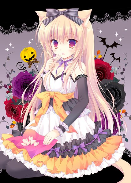 Anime picture 637x893 with original hasekura chiaki single long hair tall image looking at viewer blush fringe open mouth blonde hair sitting purple eyes bare shoulders holding animal ears tail animal tail cat ears cat girl cat tail