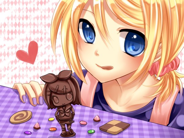 Anime picture 1400x1050 with vocaloid kagamine rin yayoi (egoistic realism) short hair blue eyes blonde hair nail polish face chibi girl food heart sweets tongue chocolate