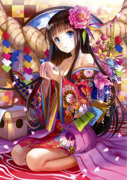 Anime picture 2220x3140 with original fuzichoco single long hair tall image looking at viewer highres blue eyes black hair sitting bare shoulders traditional clothes japanese clothes hair flower scan girl hair ornament flower (flowers) petals kimono