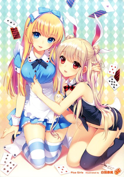 Anime picture 2540x3600 with girls, girls, girls! 11 (artbook) shirahane nao long hair tall image highres blue eyes blonde hair red eyes multiple girls animal ears white hair scan official art bunny ears bunny girl girl thighhighs dress bow 2 girls