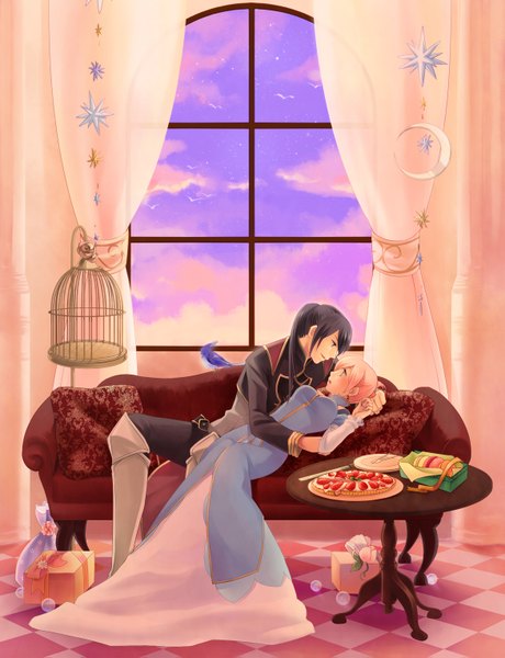 Anime picture 1171x1527 with tales of (series) tales of vesperia yuri lowell estellise sidos heurassein celestial s long hair tall image short hair black hair sitting pink hair sky ponytail lying alternate costume couple alternate hairstyle face to face crescent girl