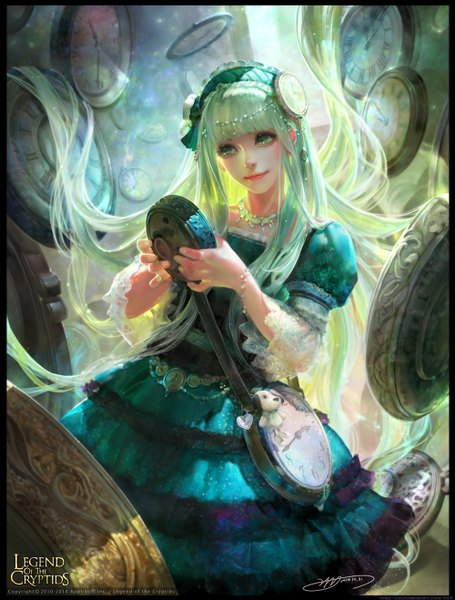 Anime picture 1000x1317 with legend of the cryptids yu-han single long hair tall image green eyes green hair lips girl dress clock pocket watch