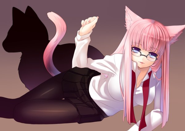 Anime picture 1200x850 with vocaloid secret (vocaloid) megurine luka nana mikoto simple background purple eyes animal ears pink hair tail shadow cat girl girl pantyhose glasses cat