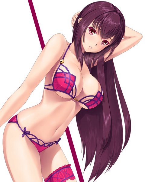 Anime picture 800x1000 with fate (series) fate/grand order scathach (fate) (all) scathach (swimsuit assassin) (fate) hammerman benkei single long hair tall image looking at viewer fringe breasts light erotic simple background large breasts white background cleavage purple hair pink eyes leaning underboob
