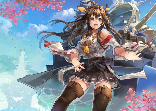Anime picture 1177x840 with kantai collection kongou battleship himuro (dobu no hotori) single long hair brown hair looking away ahoge traditional clothes japanese clothes grey eyes cherry blossoms nontraditional miko girl skirt flower (flowers) plant (plants) miniskirt petals tree (trees)