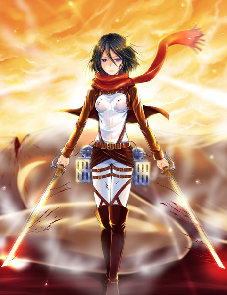 Anime picture 1336x1729 with shingeki no kyojin production i.g mikasa ackerman uonuma yuu single tall image looking at viewer short hair black hair purple eyes holding dual wielding girl weapon sword jacket boots belt scarf thigh strap