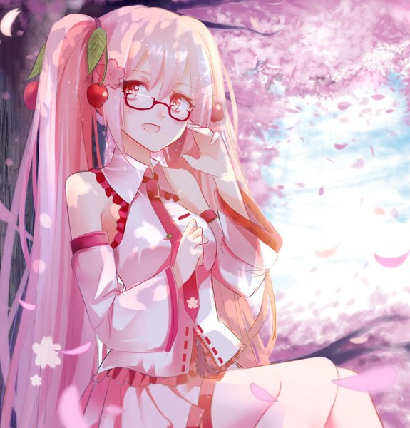 Anime picture 1552x1620 with vocaloid hatsune miku sakura miku shiguru single long hair tall image looking at viewer fringe open mouth sitting bare shoulders pink hair cloud (clouds) bent knee (knees) long sleeves pleated skirt pink eyes cherry blossoms happy