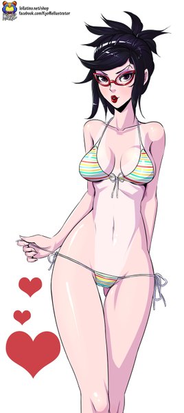 Anime picture 670x1500 with league of legends vayne (league of legends) kyoffie12 single tall image looking at viewer blush short hair breasts light erotic black hair simple background white background lips black eyes girl navel swimsuit bikini glasses