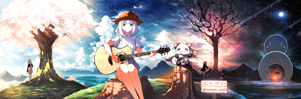 Anime picture 4286x1428 with original c.c.r long hair looking at viewer fringe highres blue eyes smile hair between eyes wide image standing sitting holding signed looking away cloud (clouds) bent knee (knees) white hair pleated skirt night