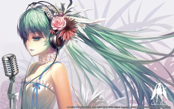Anime picture 1920x1200 with vocaloid hatsune miku alphonse (white datura) single long hair highres wide image twintails bare shoulders green eyes hair flower aqua eyes green hair aqua hair girl dress hair ornament flower (flowers) white dress headphones