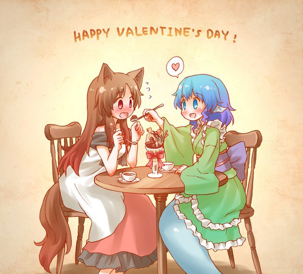 Anime picture 1221x1102 with touhou imaizumi kagerou wakasagihime arinu long hair blush fringe open mouth blue eyes simple background smile red eyes brown hair sitting bare shoulders multiple girls animal ears blue hair tail traditional clothes